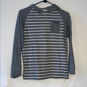 Gray and white striped long sleeve hooded tee